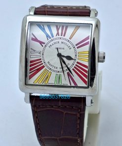 Franck Muller Square Master Steel Color Dreams Roman Mark Leather Strap Watch