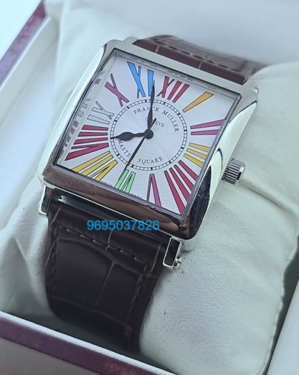 Franck Muller Square Master Steel Color Dreams Roman Mark Leather Strap Watch