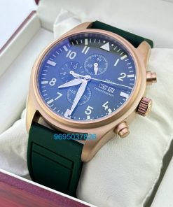 I W C Pilot Chronograph Day-Date Rose Gold Green Rubber Strap Watch