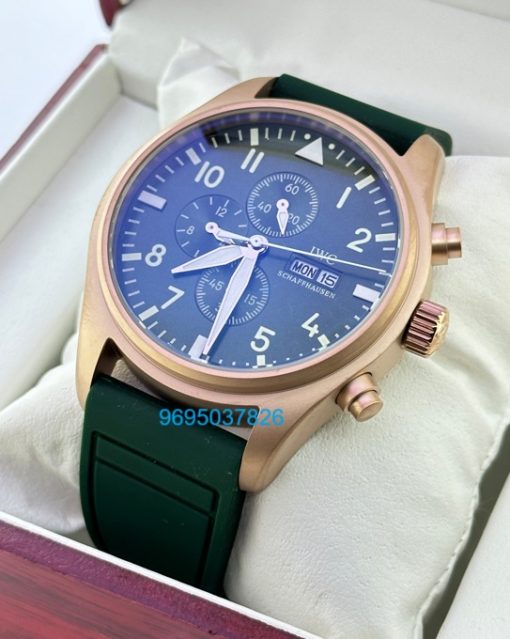 I W C Pilot Chronograph Day-Date Rose Gold Green Rubber Strap Watch