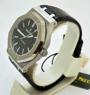 Audemars Piguet Royal Oak Steel Black Leather Strap Swiss Automatic Watch - Image 3
