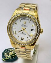 Rolex Day-Date Roman Mark Diamond Bezel Golden Swiss Automatic Watch - Image 2