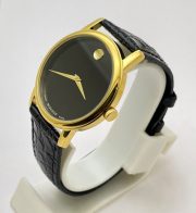 Movado Ultra Slim 2 Gold Black Leather Strap Watch - Image 3