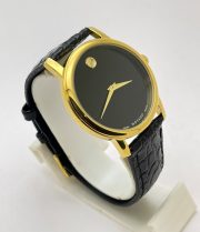 Movado Ultra Slim 2 Gold Black Leather Strap Watch - Image 4