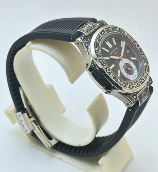 Patek Philippe Nautilus Hand Engraved Mayan/Aztec Swiss ETA Caliber 5910/1A Valjoux Movement Automatic Watch - Image 4