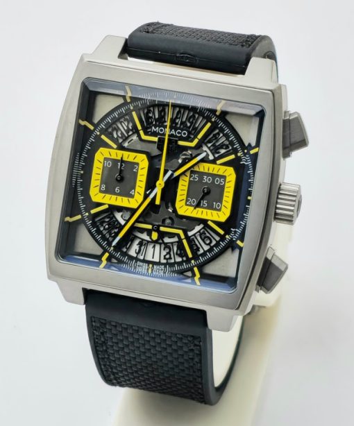 Tag Heuer Monaco Chronograph Yellow Skeleton Rubber Strap Watch - Image 2