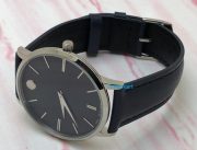Movado Ultra Slim Steel Dark Blue Leather Strap Watch - Image 5