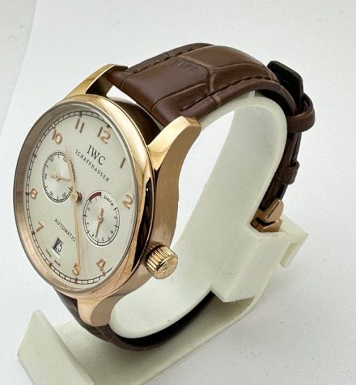 I W C Portuguese Power Reserve Rose Gold White Dial Leather Strap Swiss Automatic Watch - Image 3