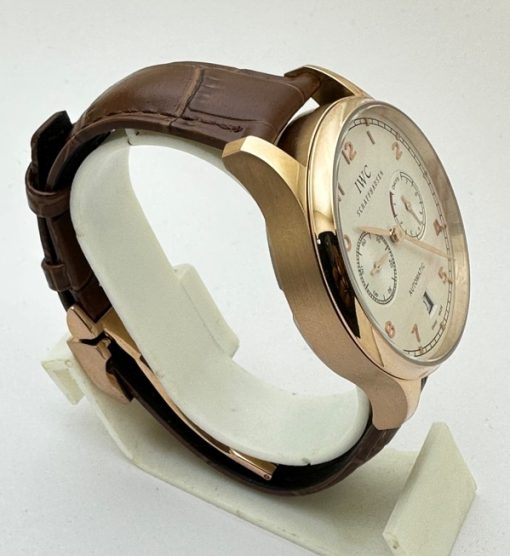 I W C Portuguese Power Reserve Rose Gold White Dial Leather Strap Swiss Automatic Watch - Image 4