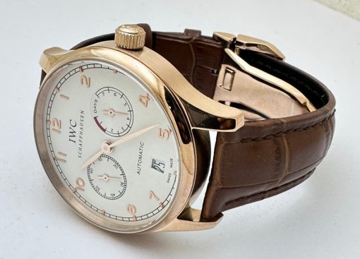 I W C Portuguese Power Reserve Rose Gold White Dial Leather Strap Swiss Automatic Watch - Image 5