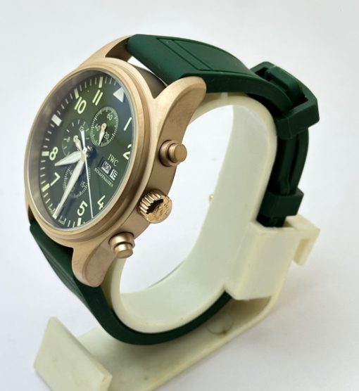 I W C Pilot Chronograph Day-Date Rose Gold Green Rubber Strap Watch - Image 3